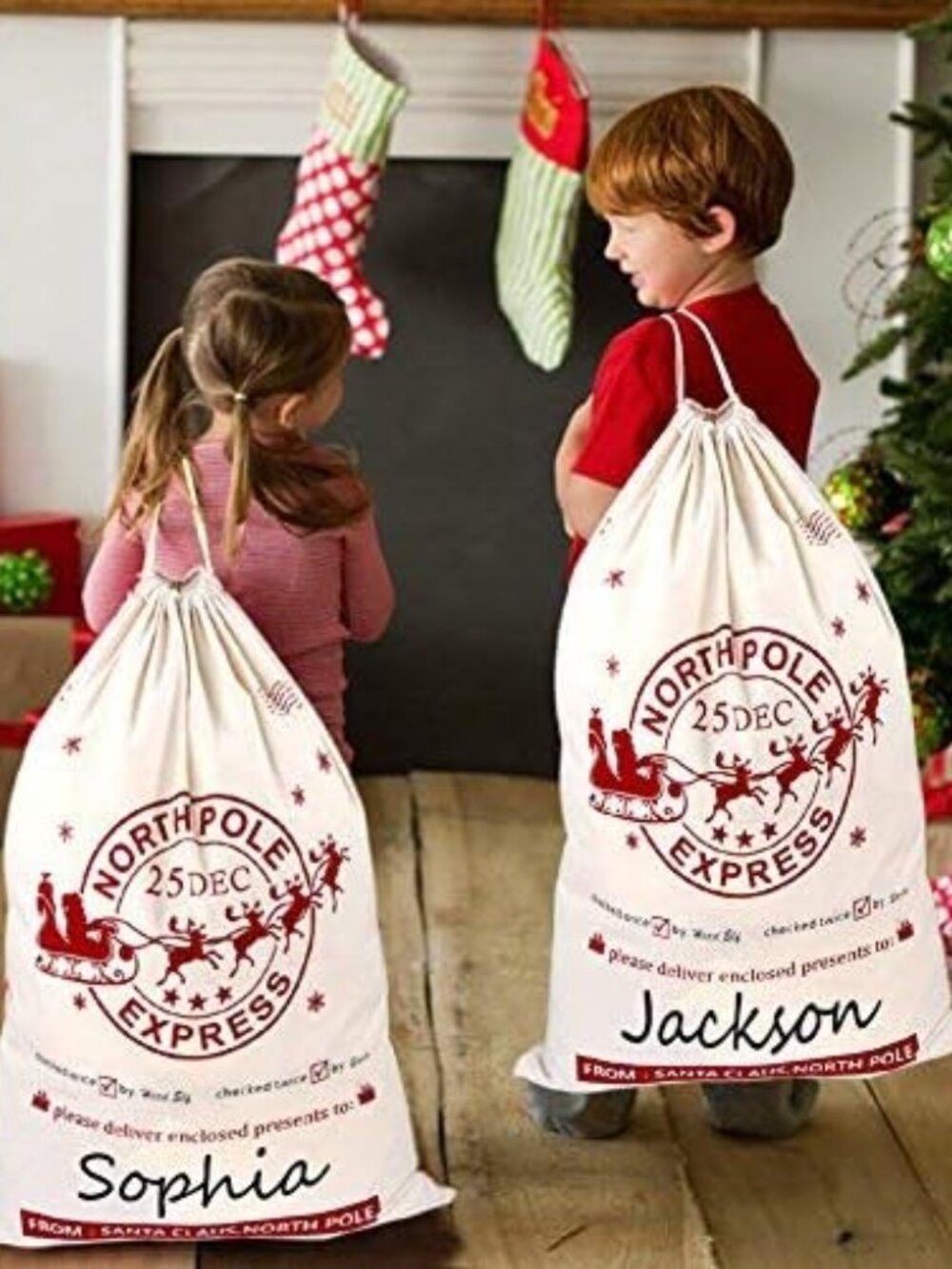 2PCS Large Christmas Gifts Bags, Canvas Blank Storage Bags with Drawstring for C
